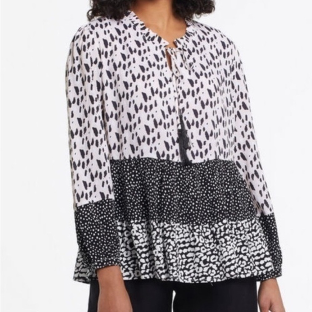 Tribal Animal Print Boho Ruffle Peasant Blouse Top with Tassel Ties
